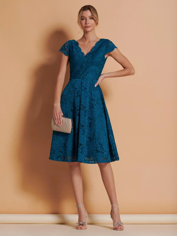 1950s Cap Sleeve Lace Prom Dress, Petrol Blue