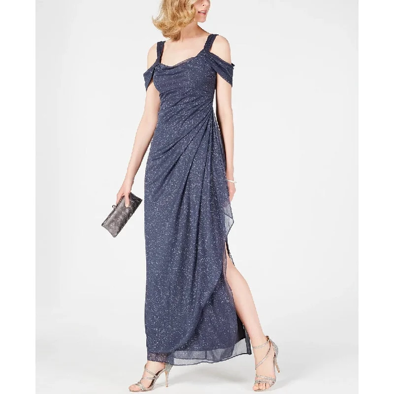 Alex Evenings Women's Cold-Shoulder Draped Metallic Gown Grey Size 14