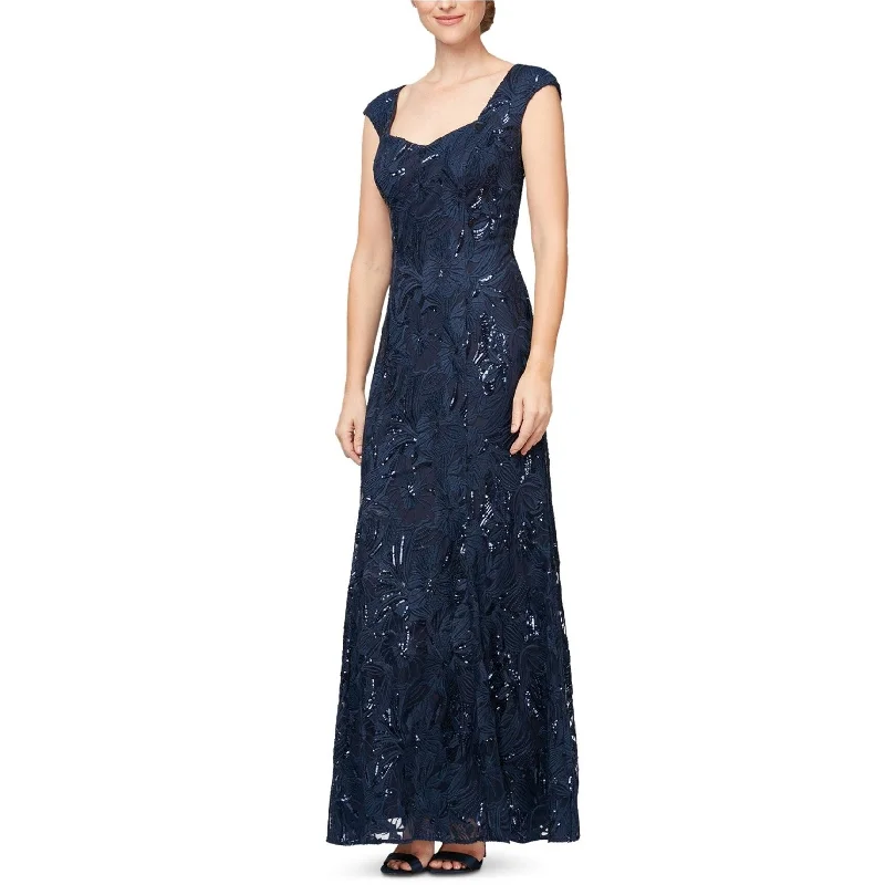 Alex Evenings Womens Embroidered Fit & Flare Dress, Blue, 14