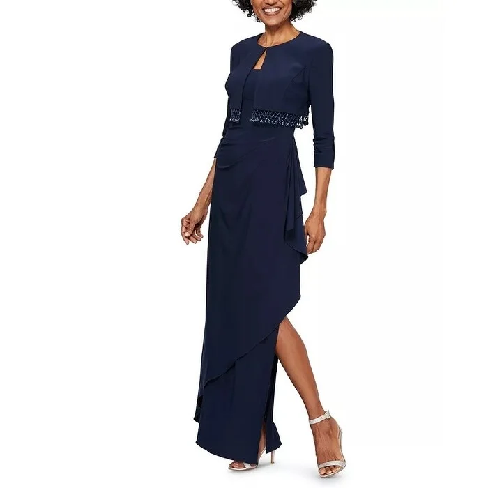 Alex Evenings Women's Ruched Gown With Bolero Blue Navy Size 8