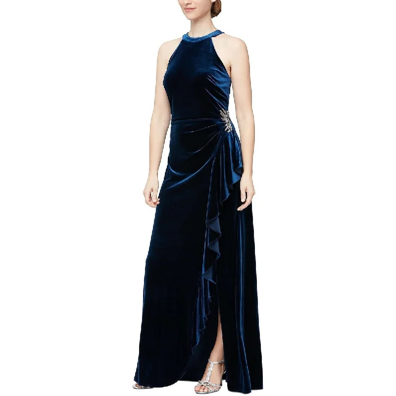 Alex Evenings Women's Velvet Beaded Trim Ruffled Gown Blue Size Medium