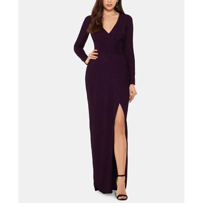 Betsy & Adam Women's Metallic Ribbed V Neck Full Length Evening Faux Wrap Dress Purple Size 4