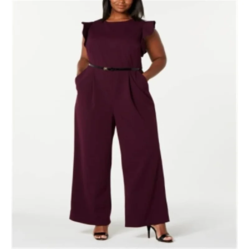 Calvin Klein Women's Jewel Neck Wide Leg Evening Jumpsuit Purple Size Petite Small