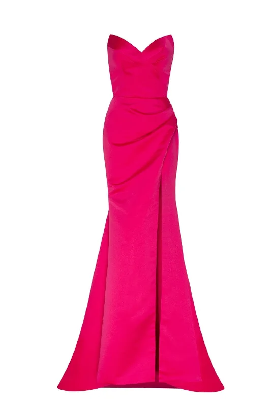 Fuchsia Strapless evening gown with thigh slit