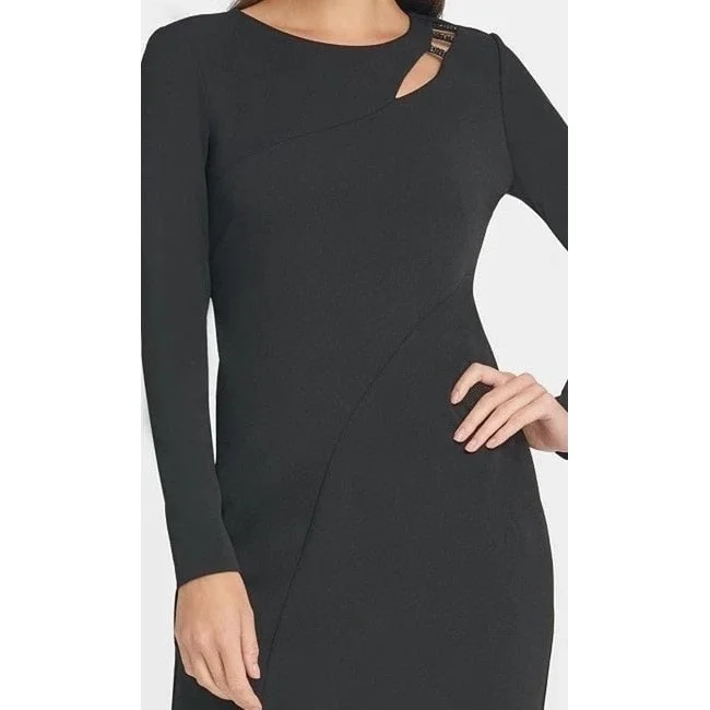 Dkny Women's Long Sleeve Jewel Neck Above The Knee Shift Evening Dress Black Size 6