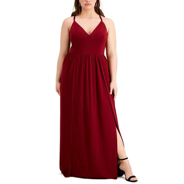 Emerald Sundae Women's Slitted Lace Spaghetti Strap V Neck Full Length Evening Empire Waist Dress Red Size 18W