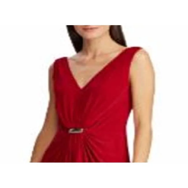 Ralph Lauren Women's Embellished Sleeveless V Neck Knee Length Sheath Evening Dress Red Size 16