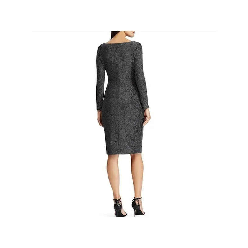 Ralph Lauren Women's Gathered Glitter Long Sleeve V Neck Below The Knee Sheath Evening Dress Black Size 12