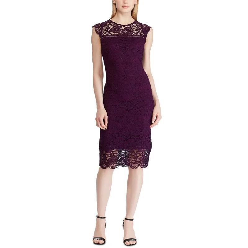 Ralph Lauren Women's Purple Lace Zippered Floral Cap Sleeve Illusion Neckline Below The Knee Sheath Evening Dress Purple Size 0