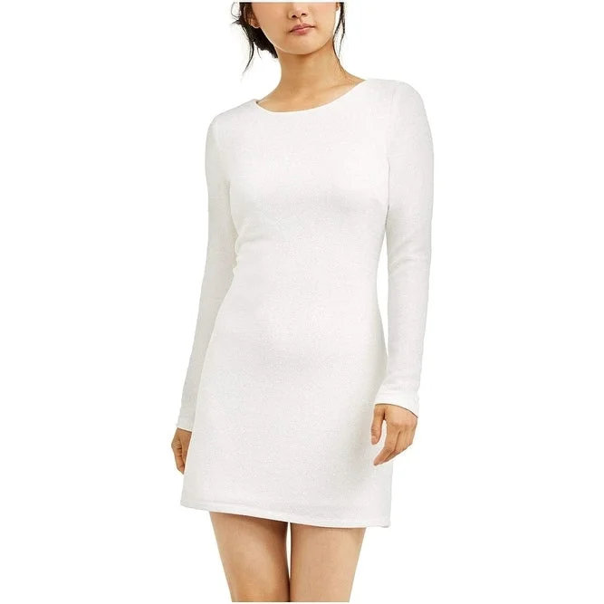 Speechless Women's Ivory Glitter Long Sleeve Jewel Neck Above The Knee Body Con Evening Dress White Size 7