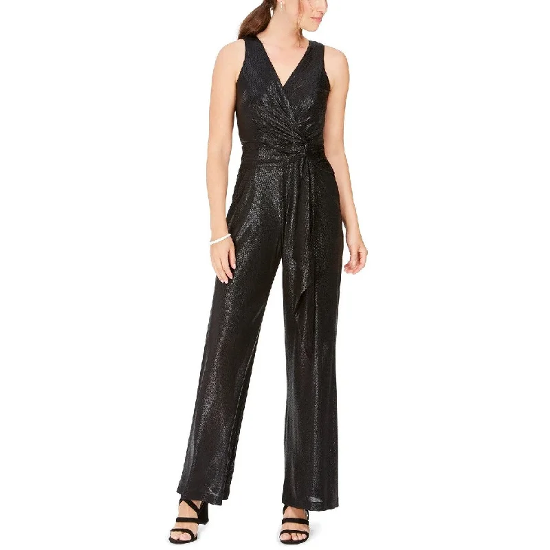 Taylor Women's Textured Shimmering Sleeveless V Neck Evening Jumpsuit Black Size 14