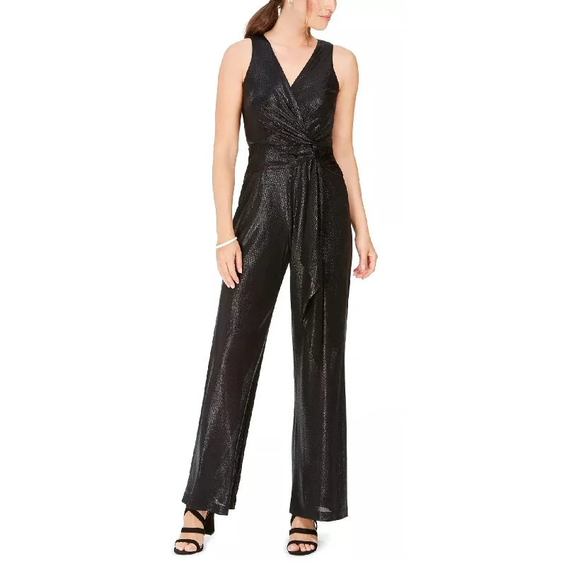 Taylor Women's Textured Shimmering Sleeveless V Neck Straight Leg Evening Jumpsuit Black Size 6