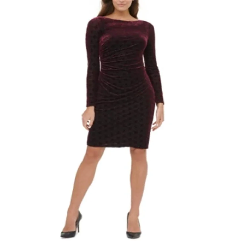 Tommy Hilfiger Women's Printed Long Sleeve Jewel Neck Above the Knee Evening Sheath Dress Wine Size 6