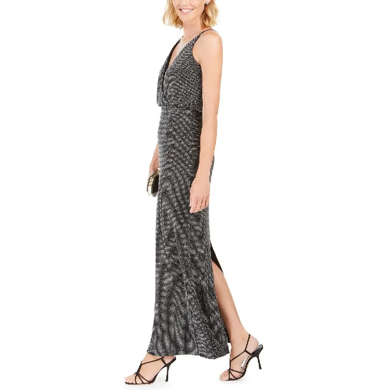 Vince Camuto Women's Glitter Zippered Spaghetti Strap V Neck Full Length Evening Sheath Dress Grey Size 2