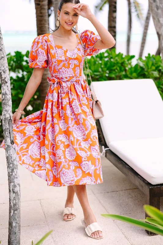 All For Love Orange Floral Midi Dress