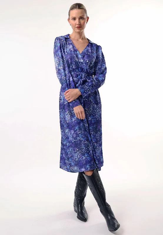 Collared Faux Wrap Midi Dress with Tie Waist in Blue Multi Print