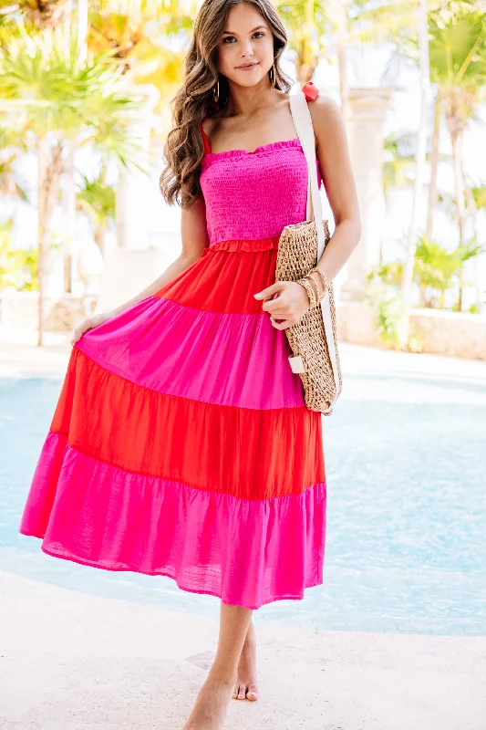 Dance With Me Fuchsia Pink Colorblock Midi Dress