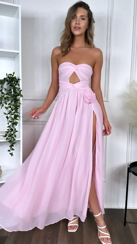 Dominique Pink Strapless and Corsage Detail Maxi Dress