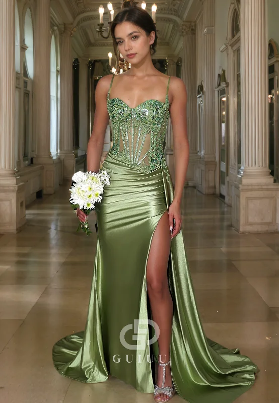 Sheath Strapless Straps Sleeveless Appliques Pleated Long Prom Dress with Slit