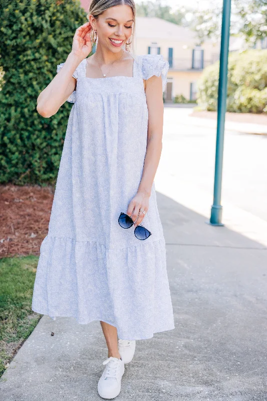 Easy To See Light Chambray Blue Floral Midi Dress