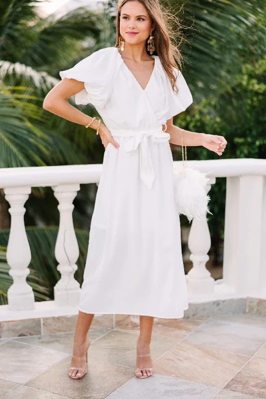 Face The Sun White Ruffled Midi Dress