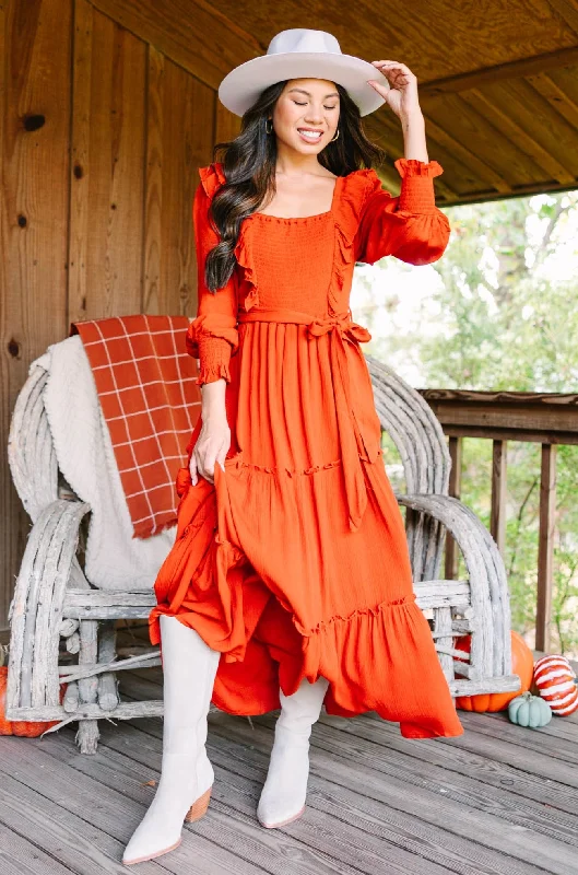 Feel Your Love Rust Orange Ruffled Midi Dress