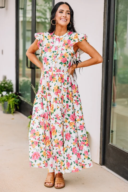 Find You Here Cream White Ditsy Floral Midi Dress