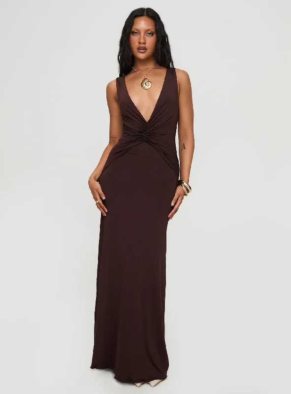 Frederica Plunge Maxi Dress Chocolate