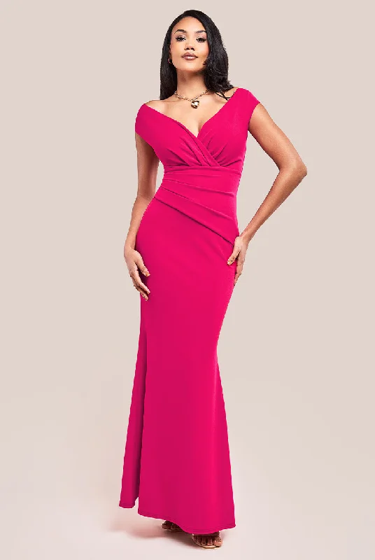 Goddiva Bardot Pleated Maxi Dress - Hot Pink