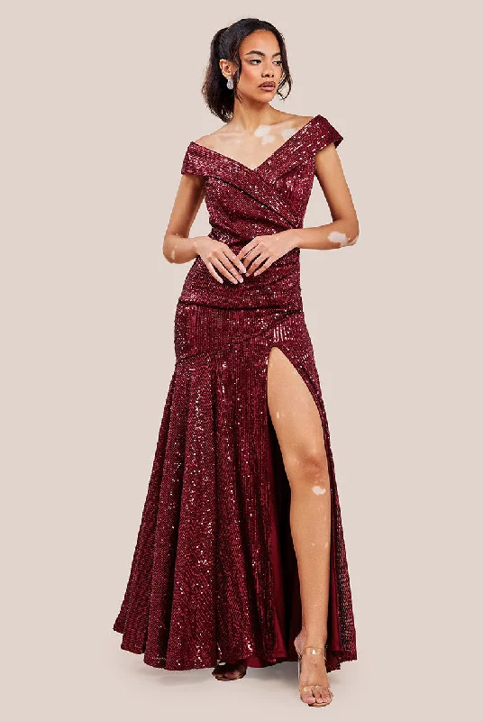 Goddiva Bardot Sequin Pleated Maxi Dress - Wine