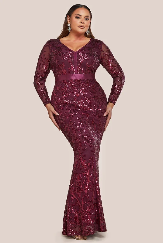 Goddiva Plus Embroidered Sequin & Mesh Maxi Dress - Burgundy