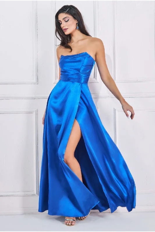 Goddiva Front Split Satin Bandeau Maxi - Royal Blue