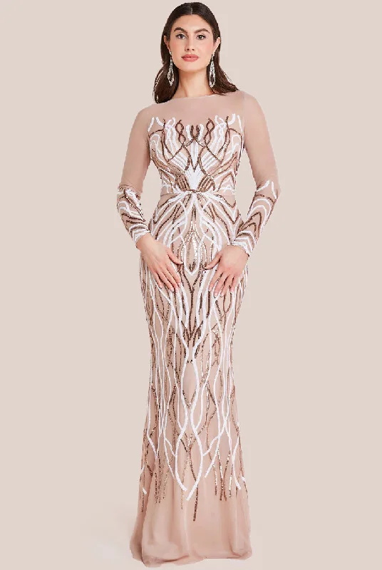 Goddiva Long Sleeve Sequin Flame Maxi - Champagne