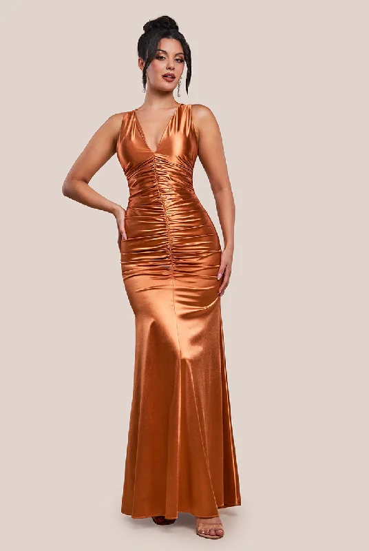 Goddiva Multi-Tied Satin Gathered Ring Maxi Dress - Bronze