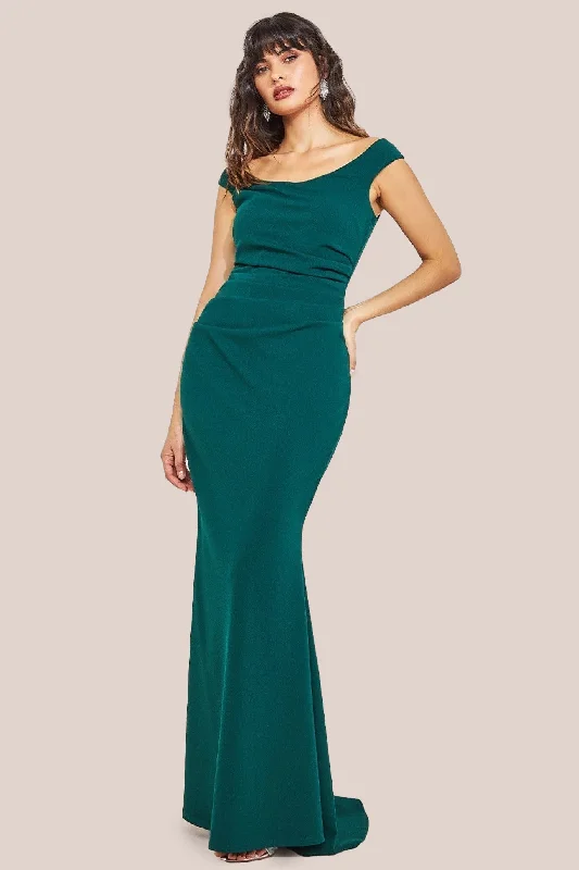 Goddiva Off The Shoulder Scuba Maxi Dress - Emerald Green