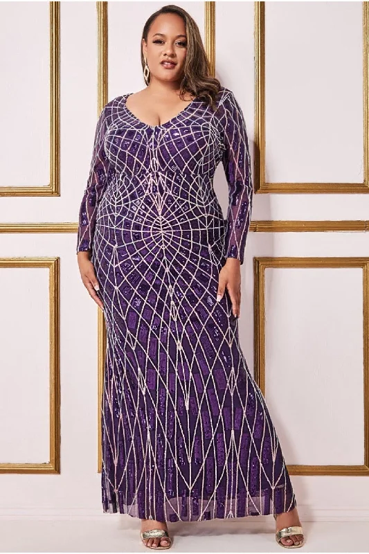 Goddiva Plus Geo Sequin Long Sleeve Maxi Dress - Purple