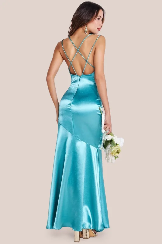 Goddiva Satin Cowl Neck With Strappy Back Maxi - Aqua