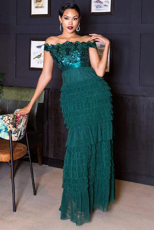 Goddiva Scallop Bardot Ruffle Mesh Maxi - Emerald Green