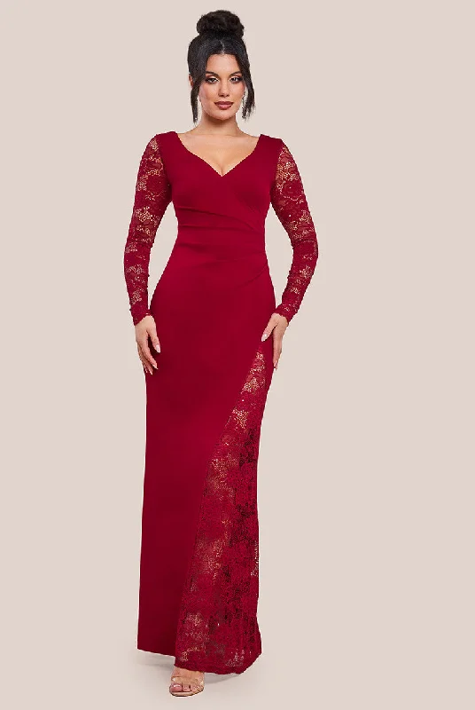 Goddiva Scuba & Lace Wrap Maxi Dress - Wine