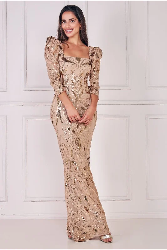 Goddiva Square Neck Scalloped Lace Maxi - Champagne