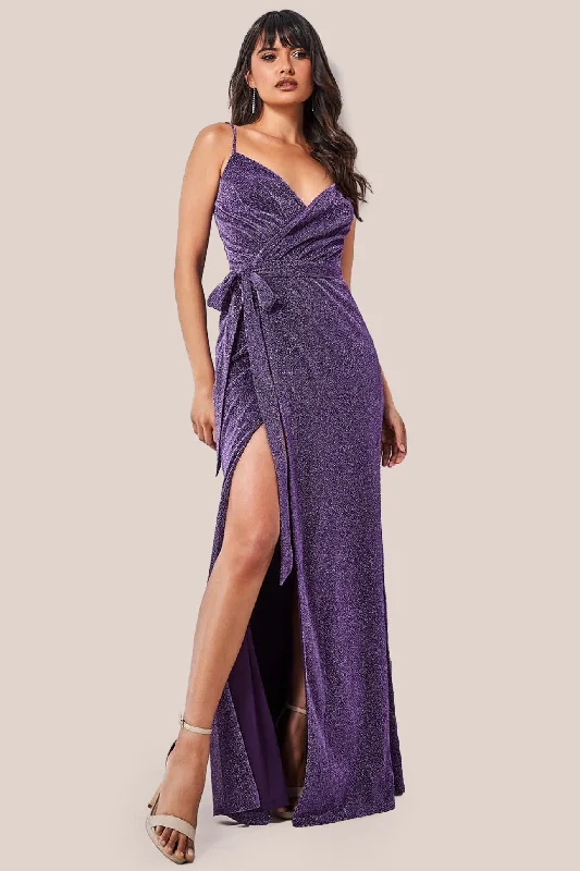 Wrap Style Spaghetti Strap Maxi With Split - Purple by Goddiva