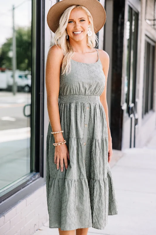 Going On A Picnic Olive Green Lace Midi Dress