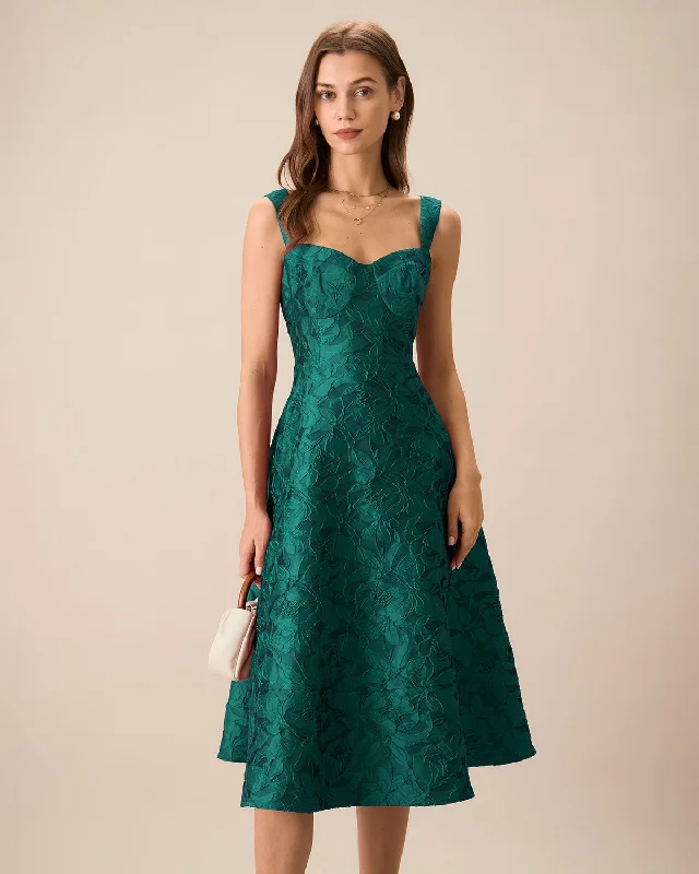 Green Sweetheart Neck Jacquard Midi Dress