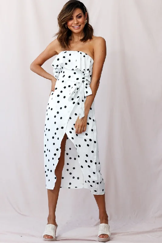 Hamilton Bandeau Midi Wrap Dress Polka Dot Print White