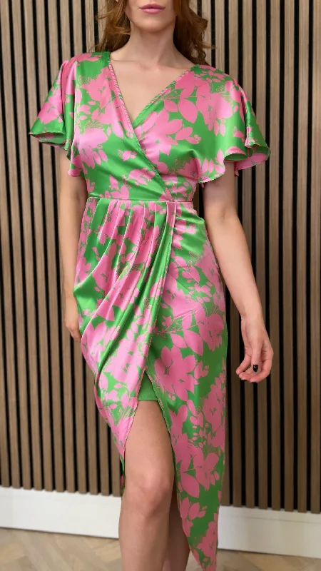 Havana Pink & Green Wrap Over Maxi Dress