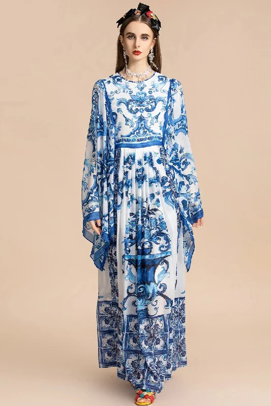 Holiday Glam Mediterraneo Print Kimono-Sleeve Maxi Dress