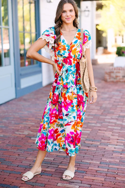 Just Imagine Cream White Multi Floral Midi Dress