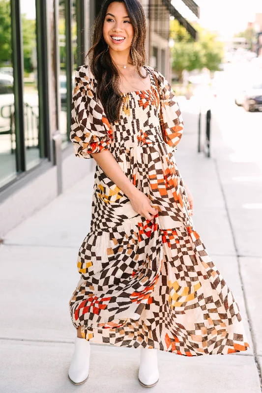 Know What You Want Brown Abstract Midi Dress