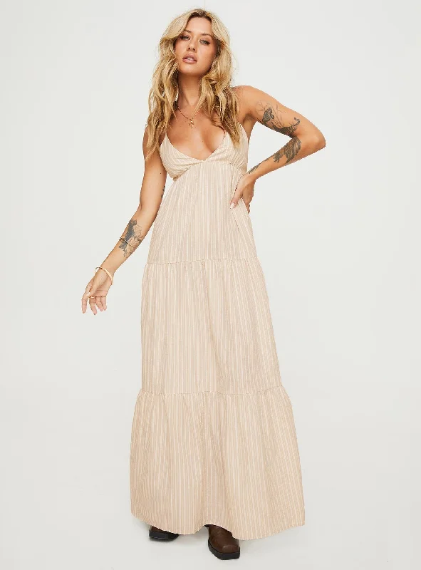 Leder Maxi Dress Beige Stripe