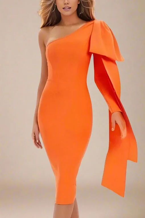 Lela Long Sleeve Bandage Midi Dress - Apricot Orange